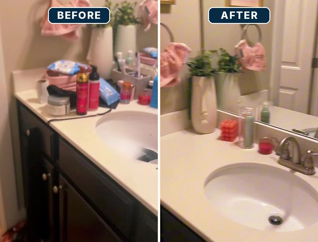 Bathroom vanity and sink, before and after a Clean Slate reset