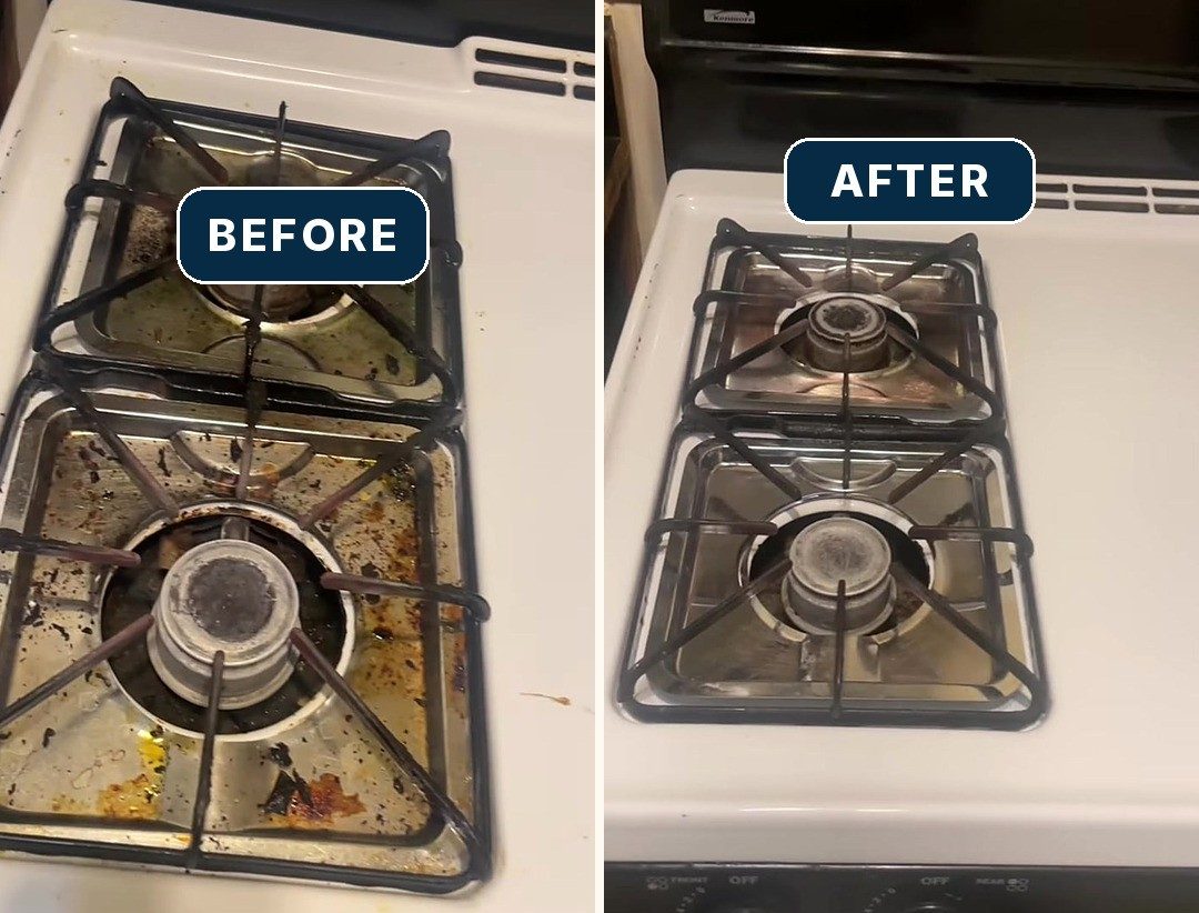 Gas stovetop, before and after a Clean Slate deep clean
