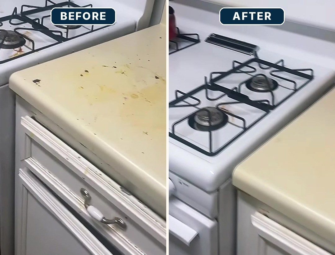 Kitchen stove and counter, before and after a Clean Slate refresh