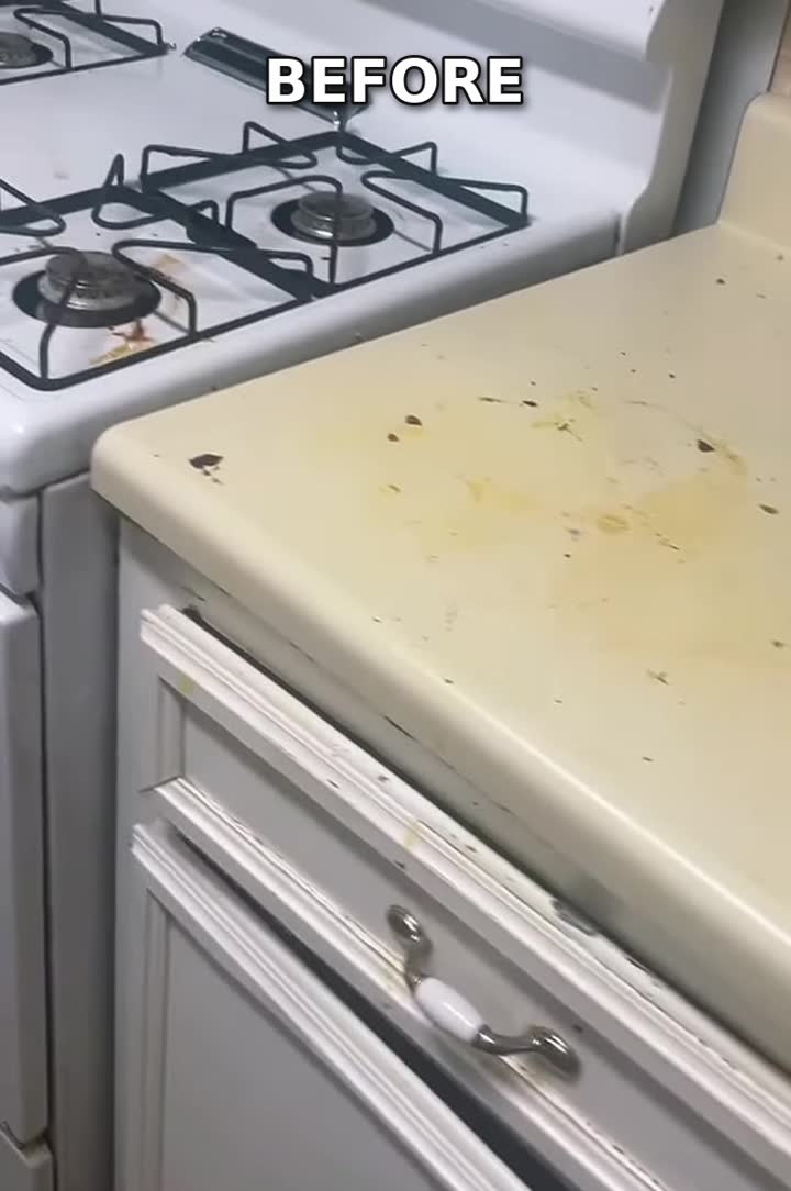 Before: stained laminate counter and gas stove, Stone Mountain, GA