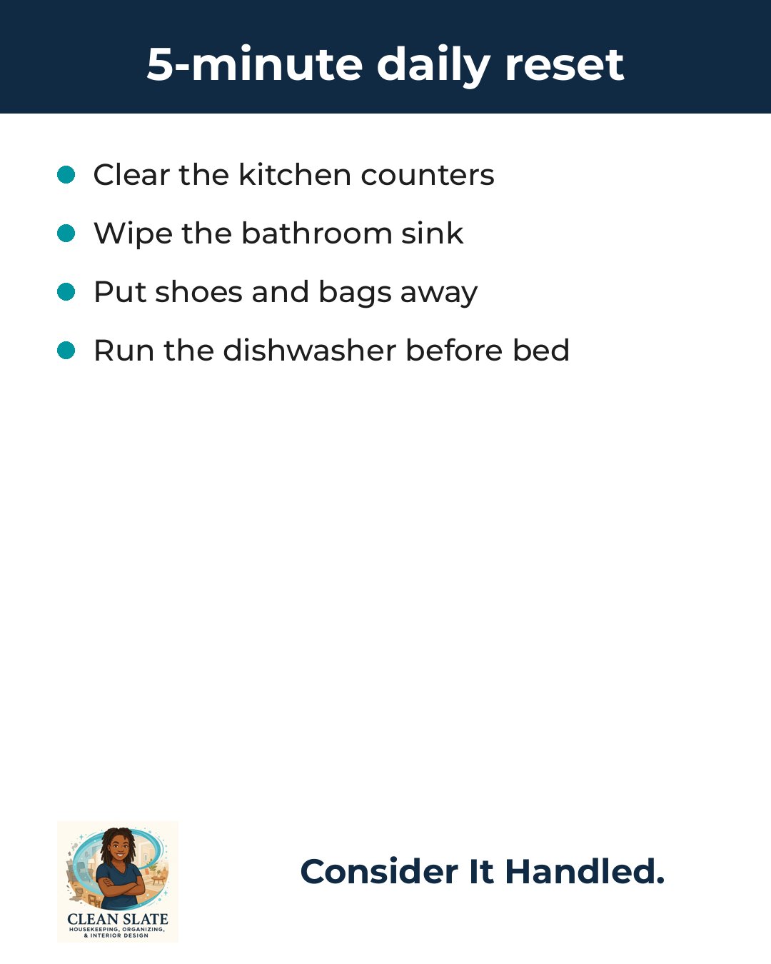 Clean Slate cleaning tip card: 5-minute daily reset