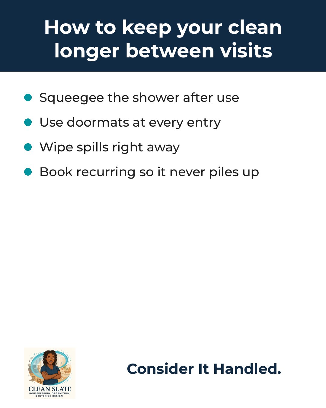 Clean Slate cleaning tip card: How to keep your clean longer between visits