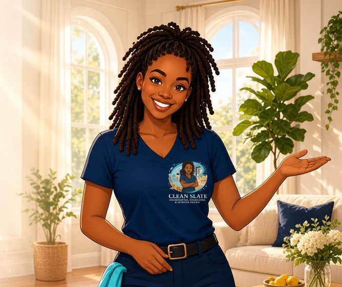 The Clean Slate host welcoming you into a bright, freshly cleaned living room